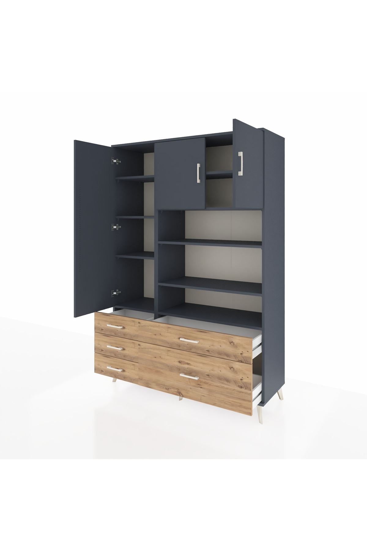 Hyperion Dolap 9 Raflı 5 Çekmeceli 3 Kapaklı 132x44x195 Antrasit-Antrasit/Çam