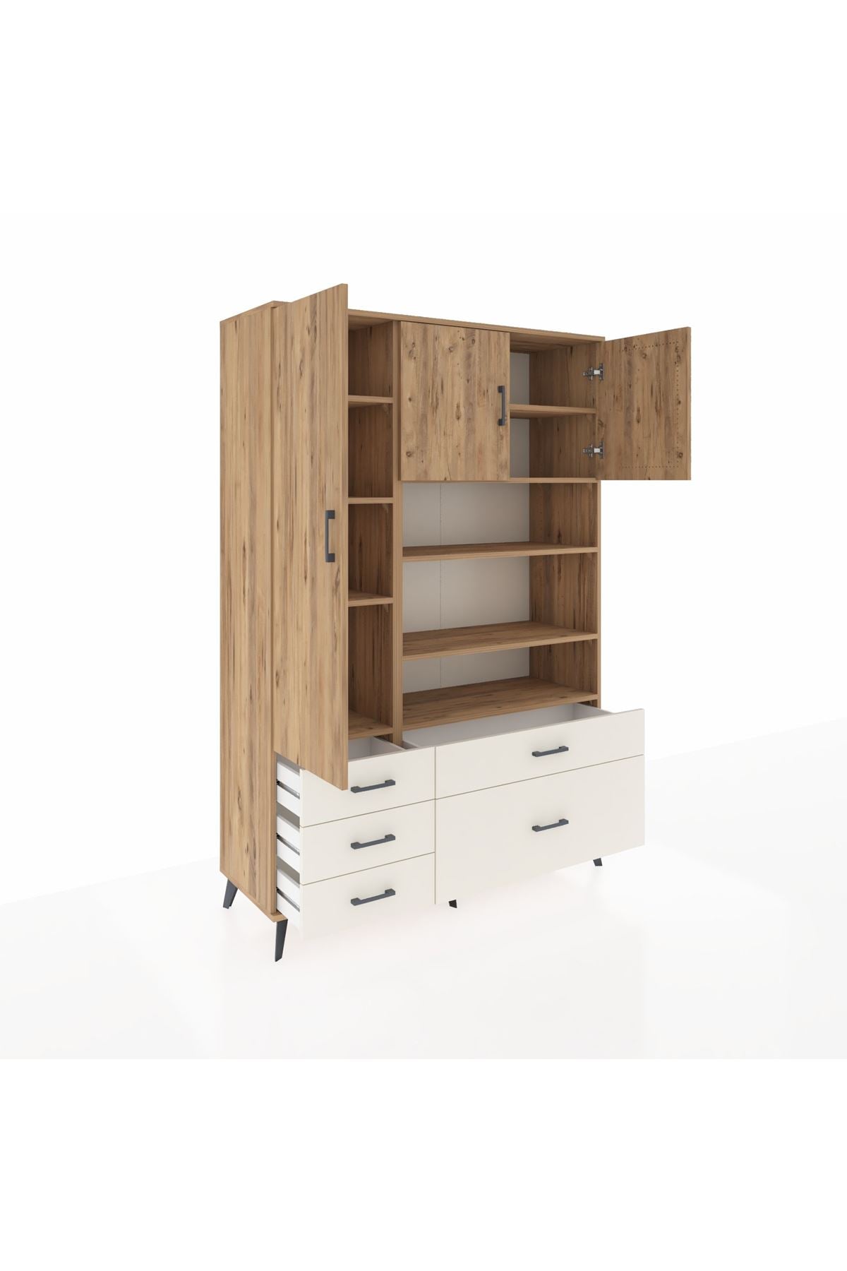 Hyperion Dolap 9 Raflı 5 Çekmeceli 3 Kapaklı 132x44x195 Çam-Çam/Aytaşı