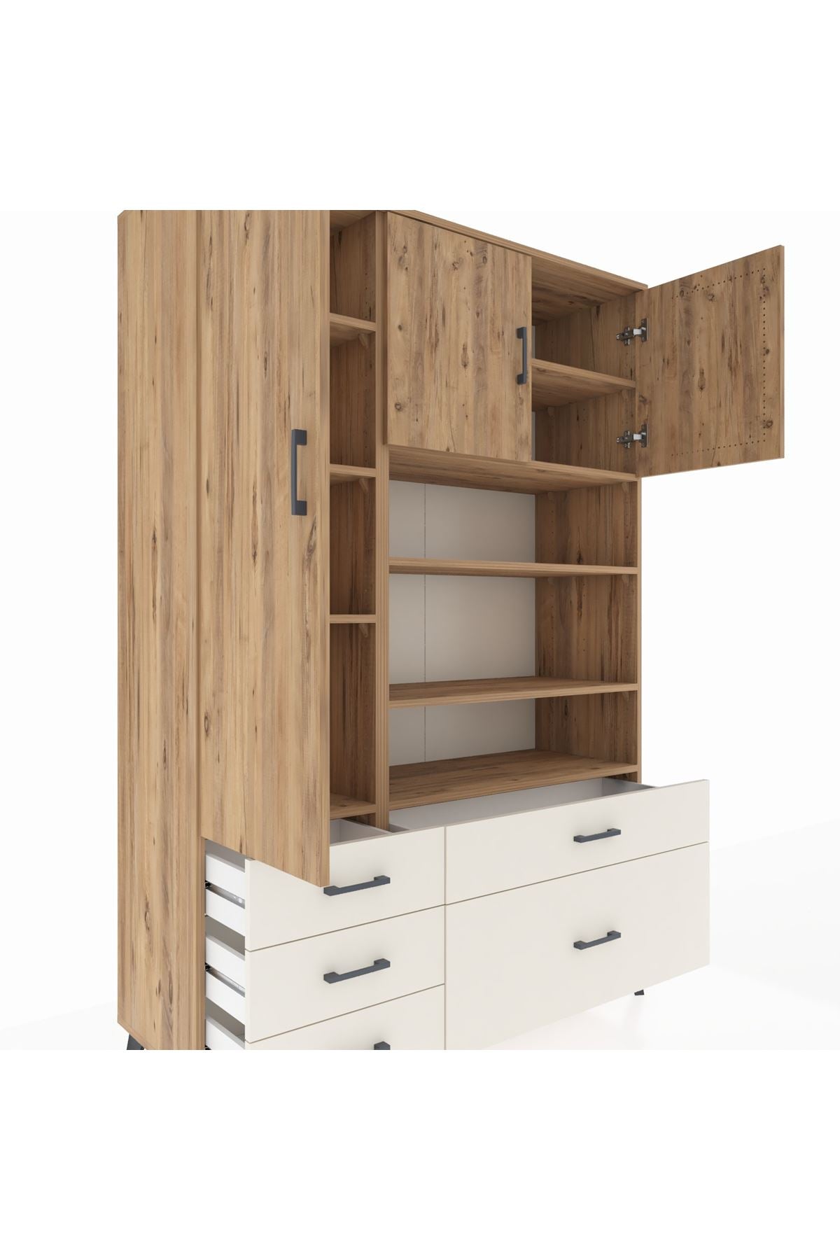 Hyperion Dolap 9 Raflı 5 Çekmeceli 3 Kapaklı 132x44x195 Çam-Çam/Aytaşı