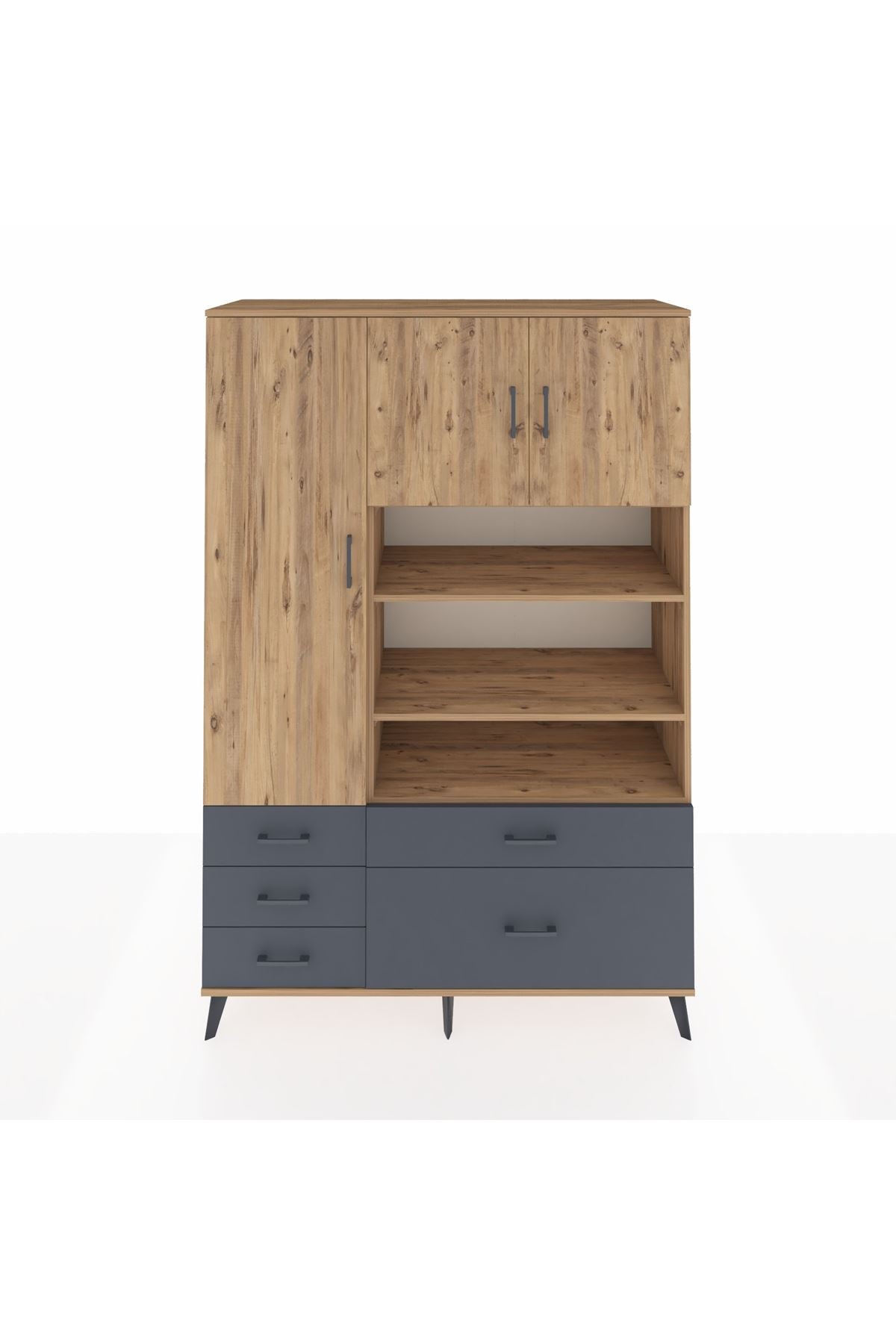 Hyperion Dolap 9 Raflı 5 Çekmeceli 3 Kapaklı 132x44x195 Çam-Çam/Antrasit