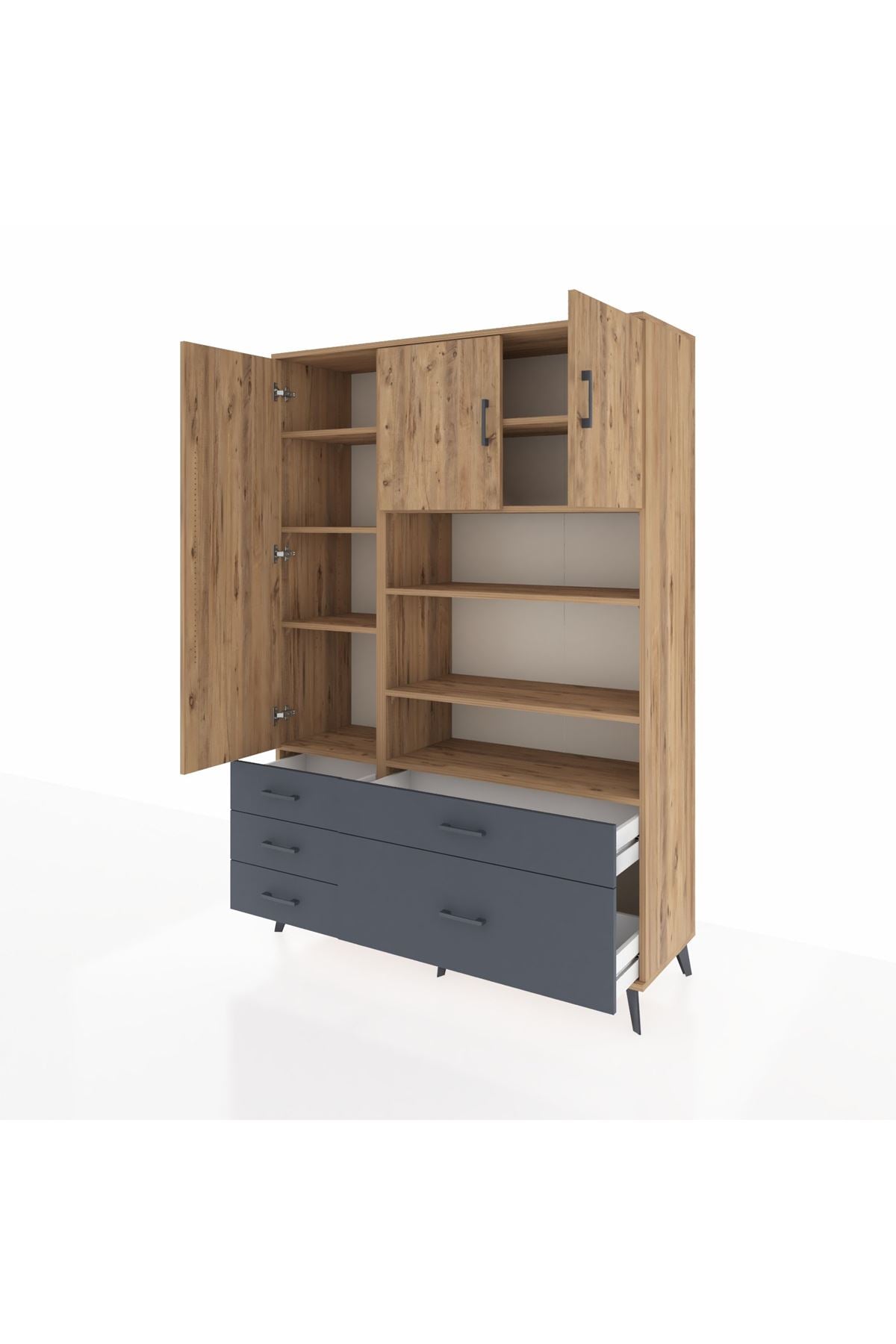 Hyperion Dolap 9 Raflı 5 Çekmeceli 3 Kapaklı 132x44x195 Çam-Çam/Antrasit