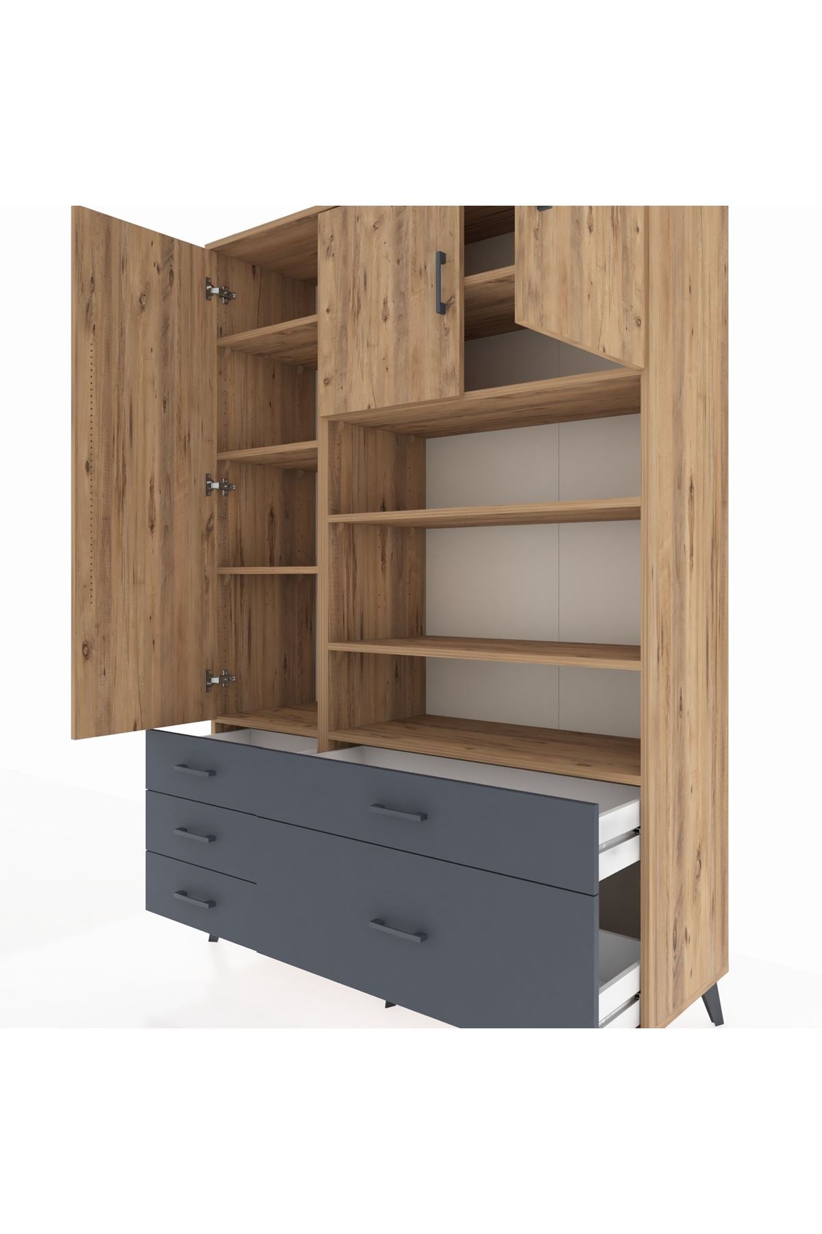 Hyperion Dolap 9 Raflı 5 Çekmeceli 3 Kapaklı 132x44x195 Çam-Çam/Antrasit