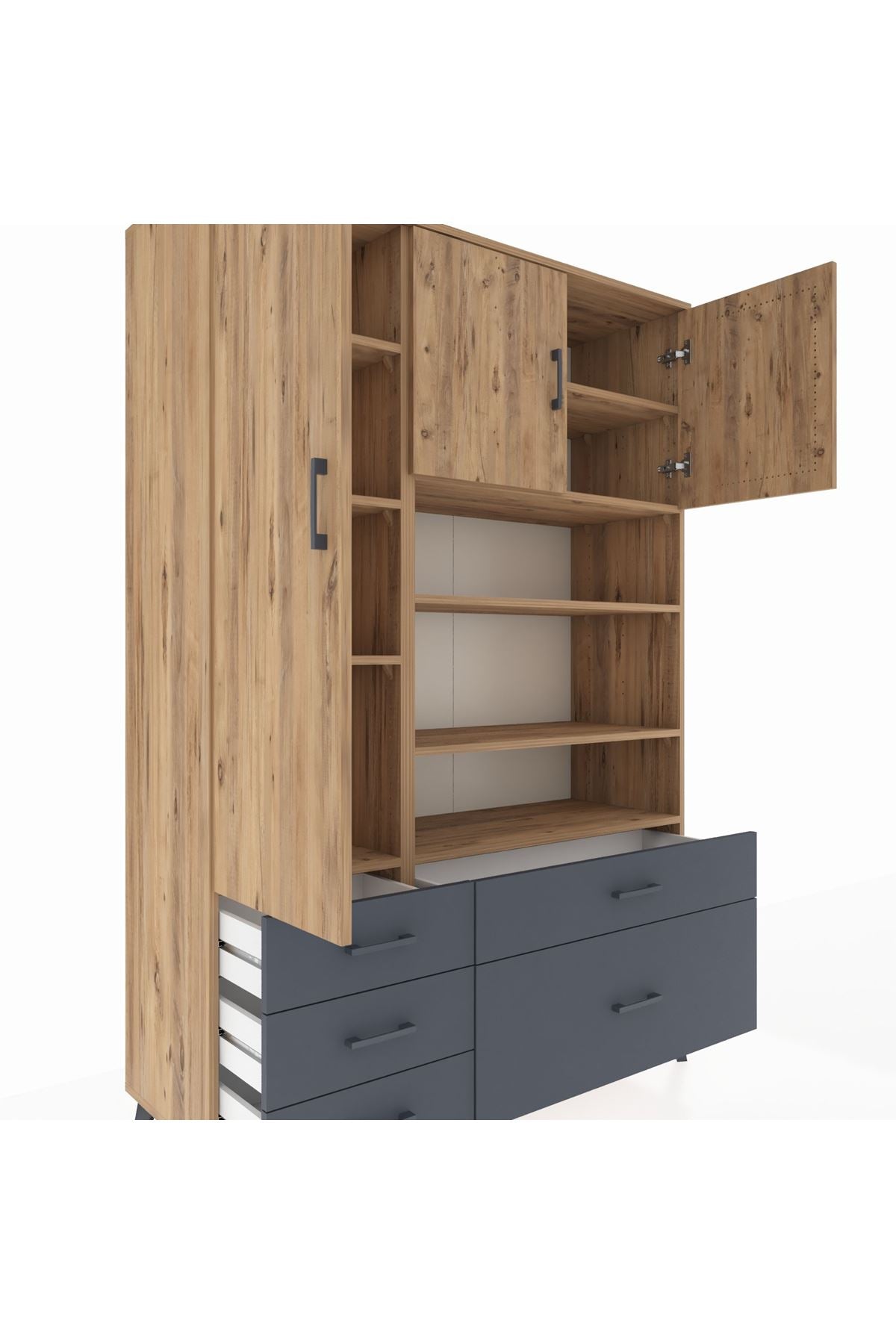 Hyperion Dolap 9 Raflı 5 Çekmeceli 3 Kapaklı 132x44x195 Çam-Çam/Antrasit