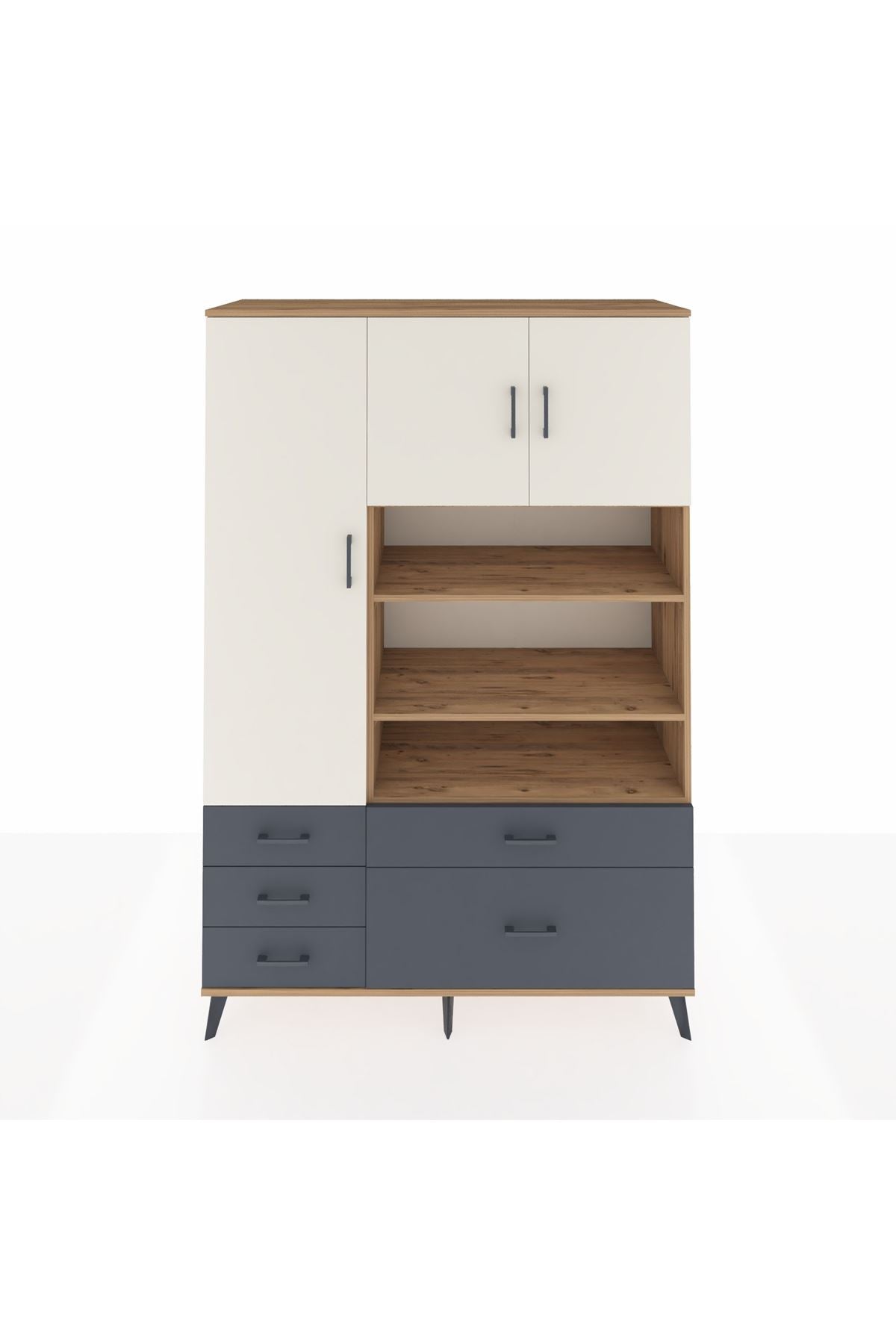 Hyperion Dolap 9 Raflı 5 Çekmeceli 3 Kapaklı 132x44x195 Çam-Aytaşı/Antrasit
