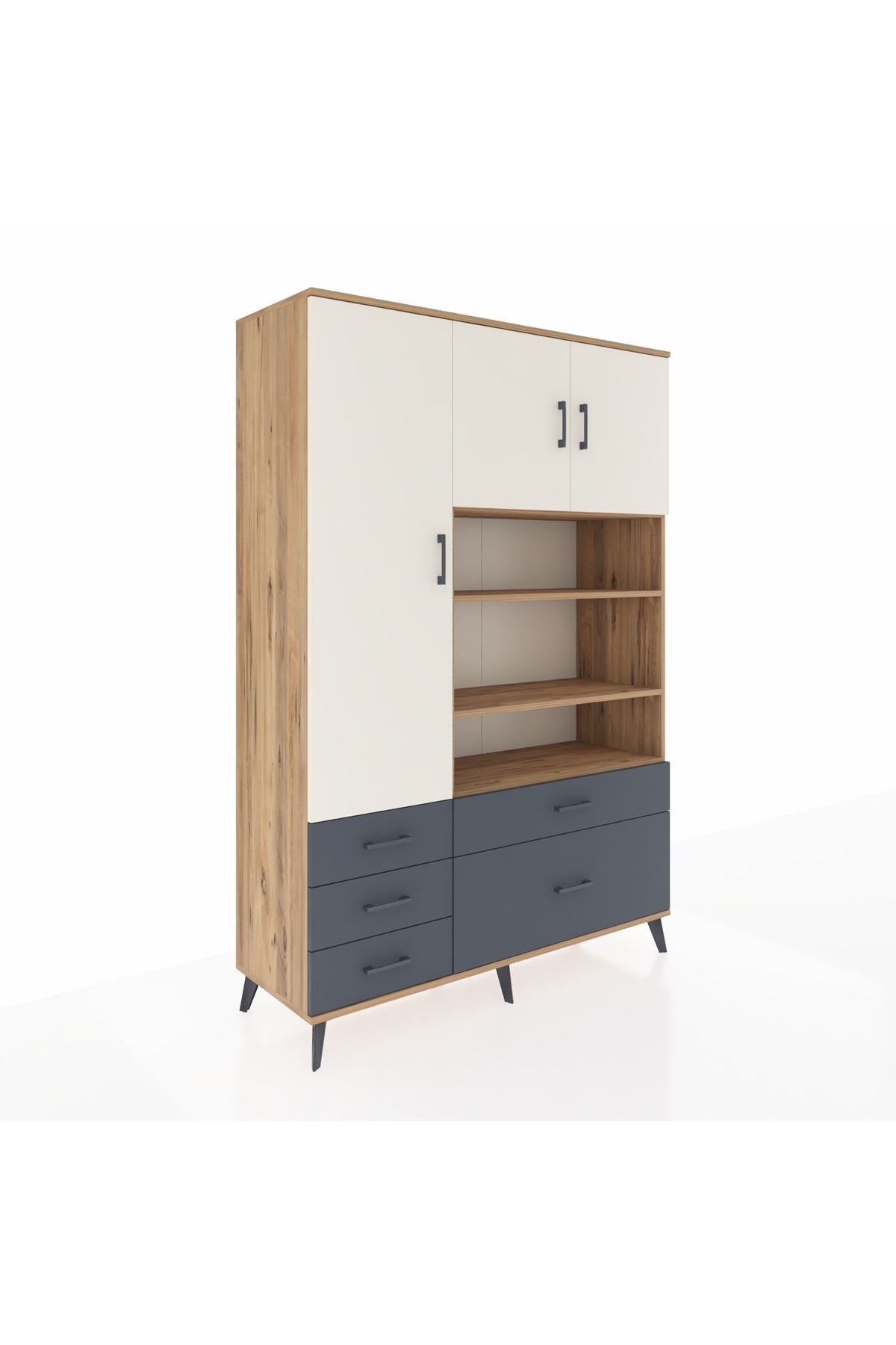 Hyperion Dolap 9 Raflı 5 Çekmeceli 3 Kapaklı 132x44x195 Çam-Aytaşı/Antrasit