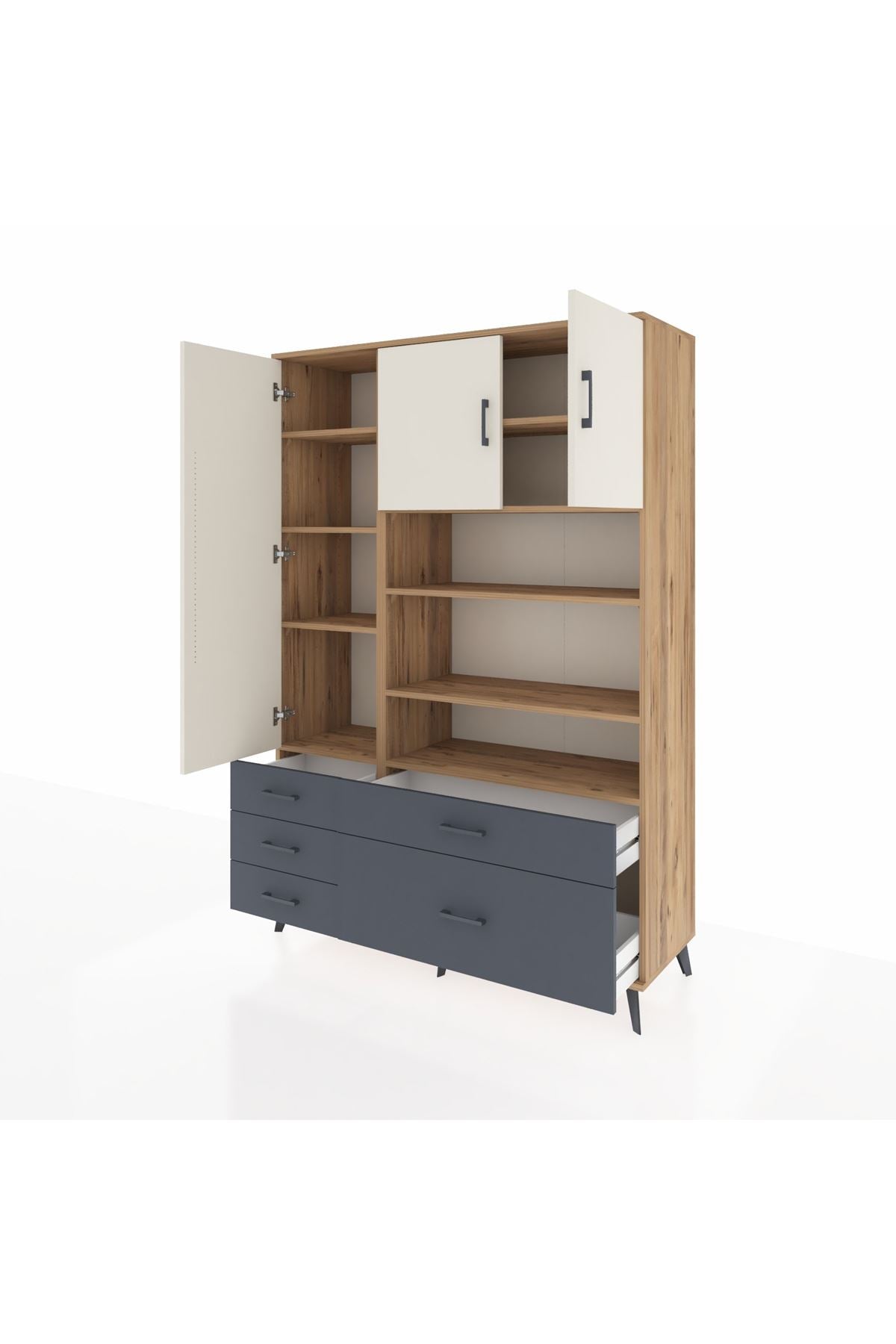 Hyperion Dolap 9 Raflı 5 Çekmeceli 3 Kapaklı 132x44x195 Çam-Aytaşı/Antrasit