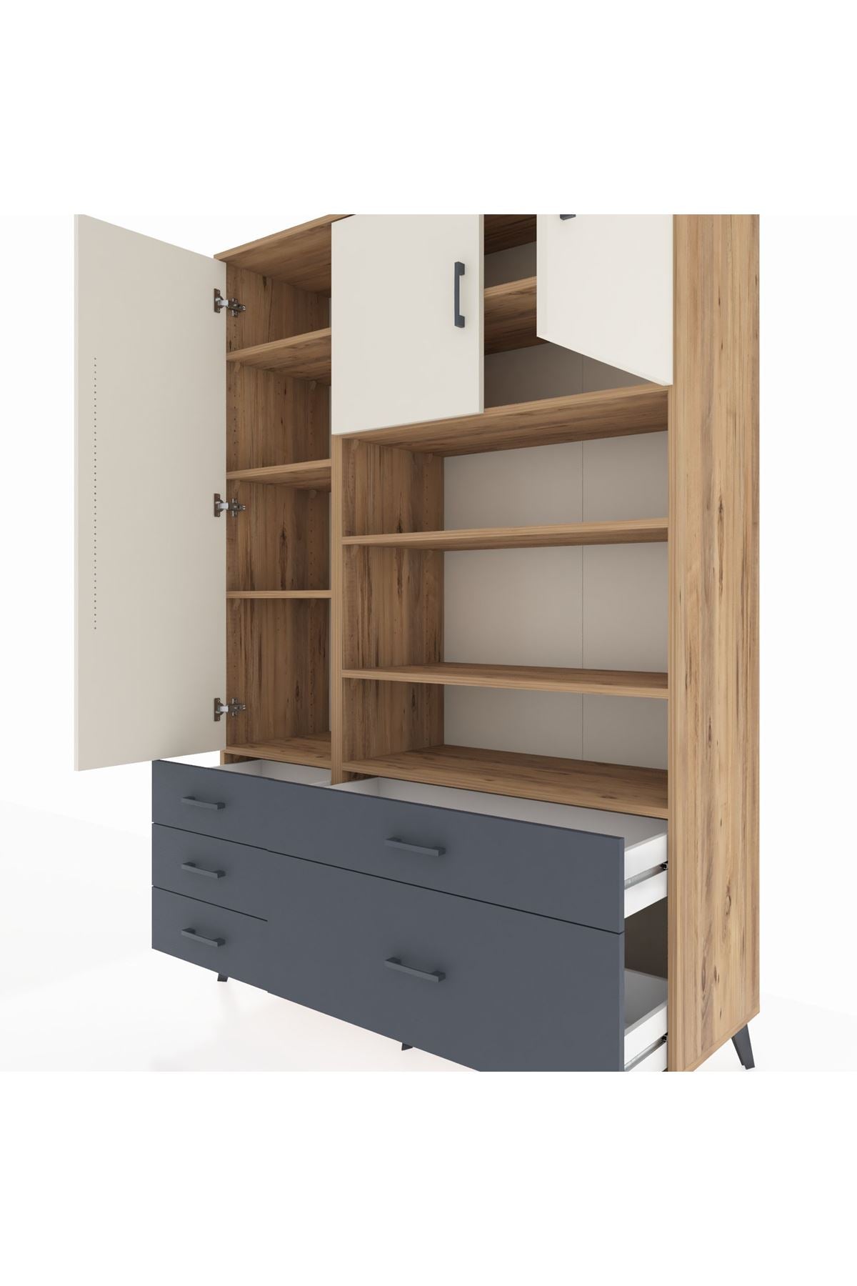 Hyperion Dolap 9 Raflı 5 Çekmeceli 3 Kapaklı 132x44x195 Çam-Aytaşı/Antrasit