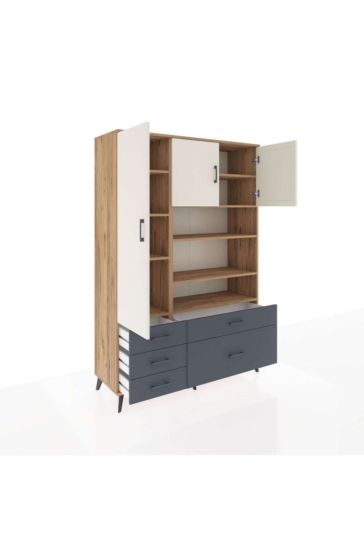 Hyperion Dolap 9 Raflı 5 Çekmeceli 3 Kapaklı 132x44x195 Çam-Aytaşı/Antrasit