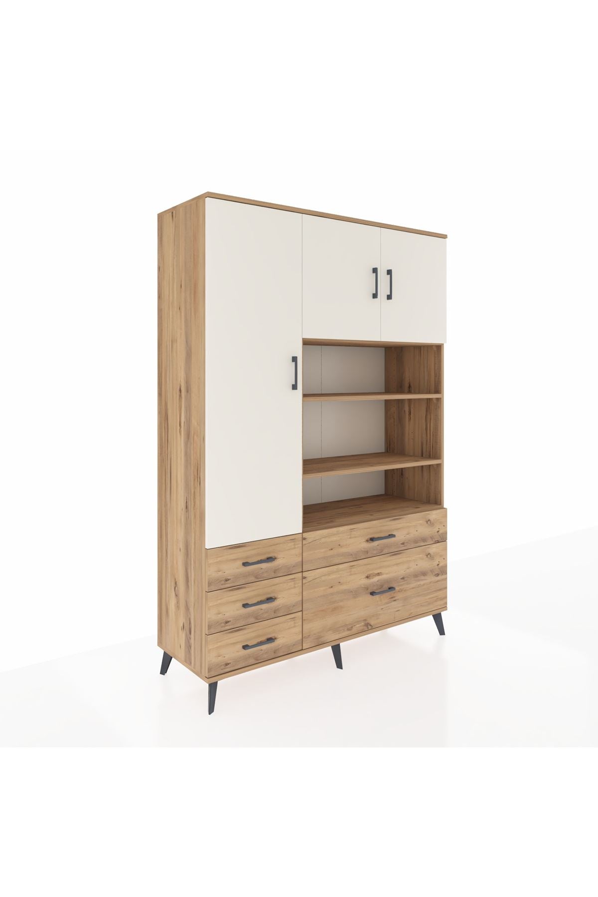 Hyperion Dolap 9 Raflı 5 Çekmeceli 3 Kapaklı 132x44x195 Çam-Aytaşı/Çam