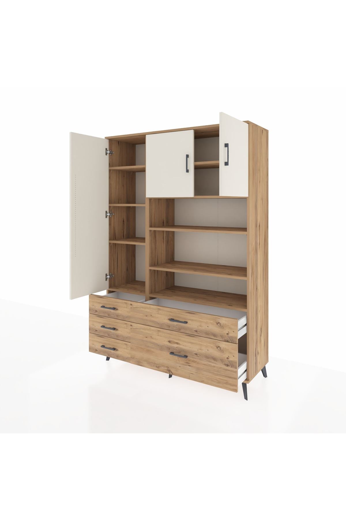 Hyperion Dolap 9 Raflı 5 Çekmeceli 3 Kapaklı 132x44x195 Çam-Aytaşı/Çam