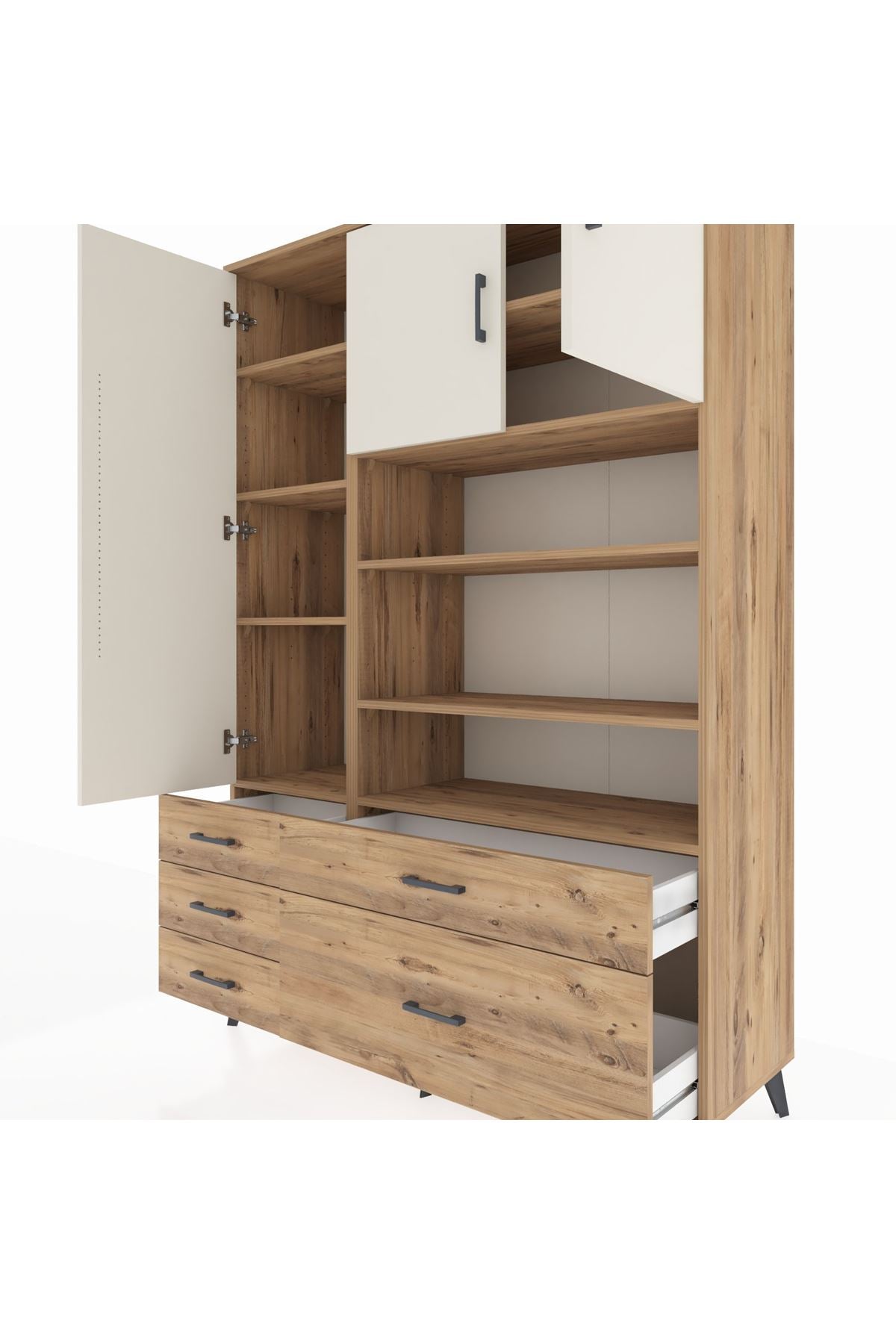 Hyperion Dolap 9 Raflı 5 Çekmeceli 3 Kapaklı 132x44x195 Çam-Aytaşı/Çam