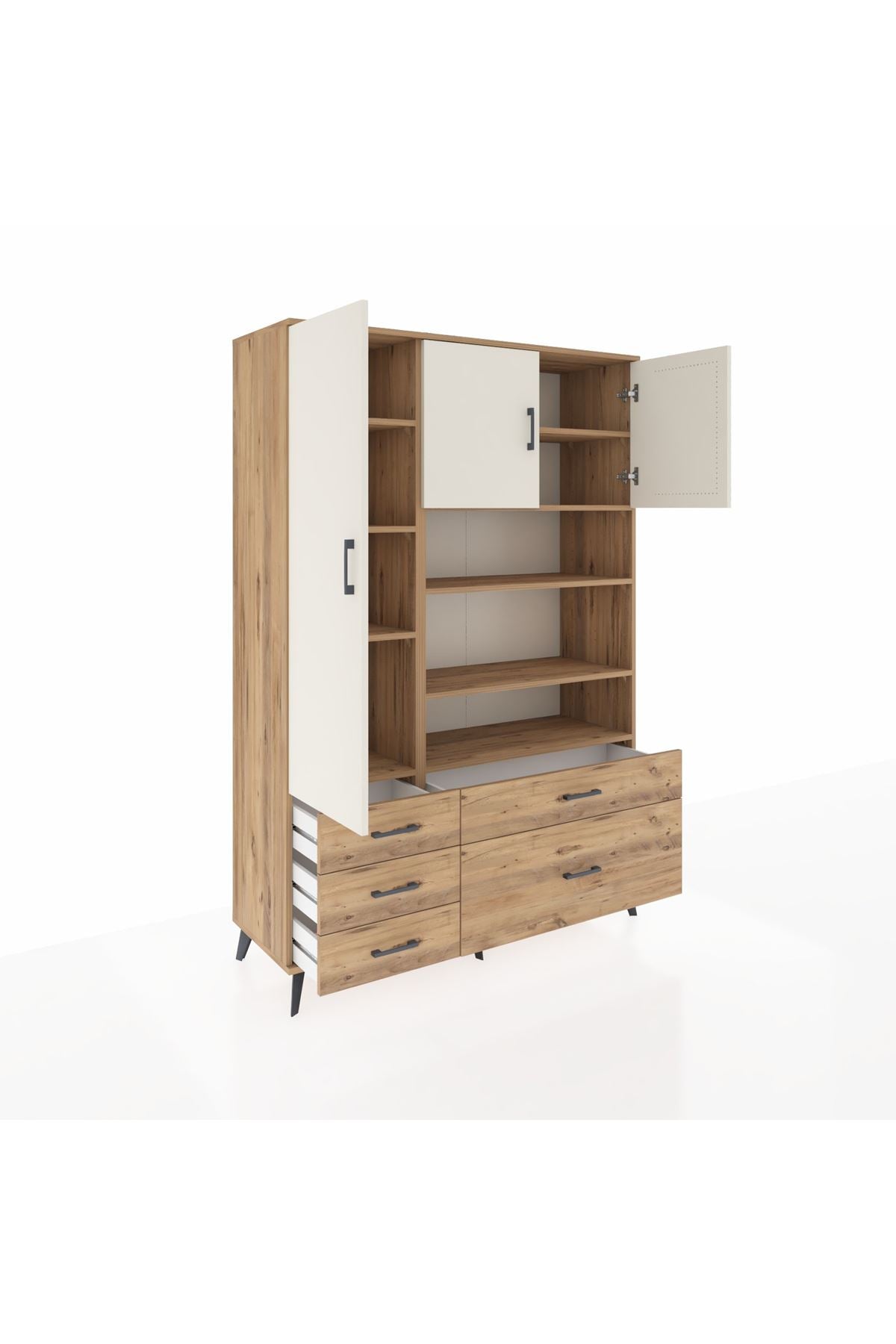 Hyperion Dolap 9 Raflı 5 Çekmeceli 3 Kapaklı 132x44x195 Çam-Aytaşı/Çam