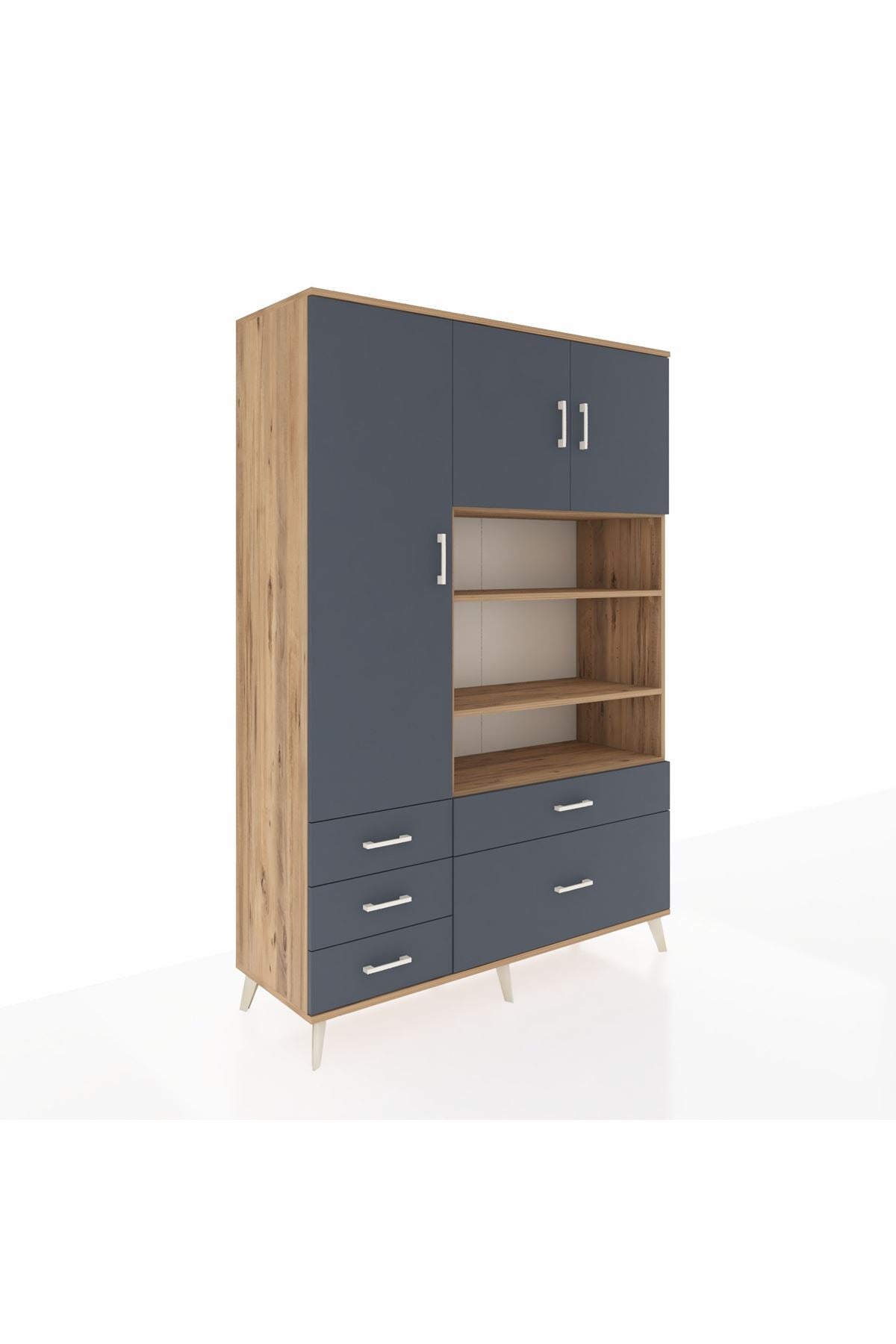 Hyperion Dolap 9 Raflı 5 Çekmeceli 3 Kapaklı 132x44x195 Çam-Antrasit/Antrasit