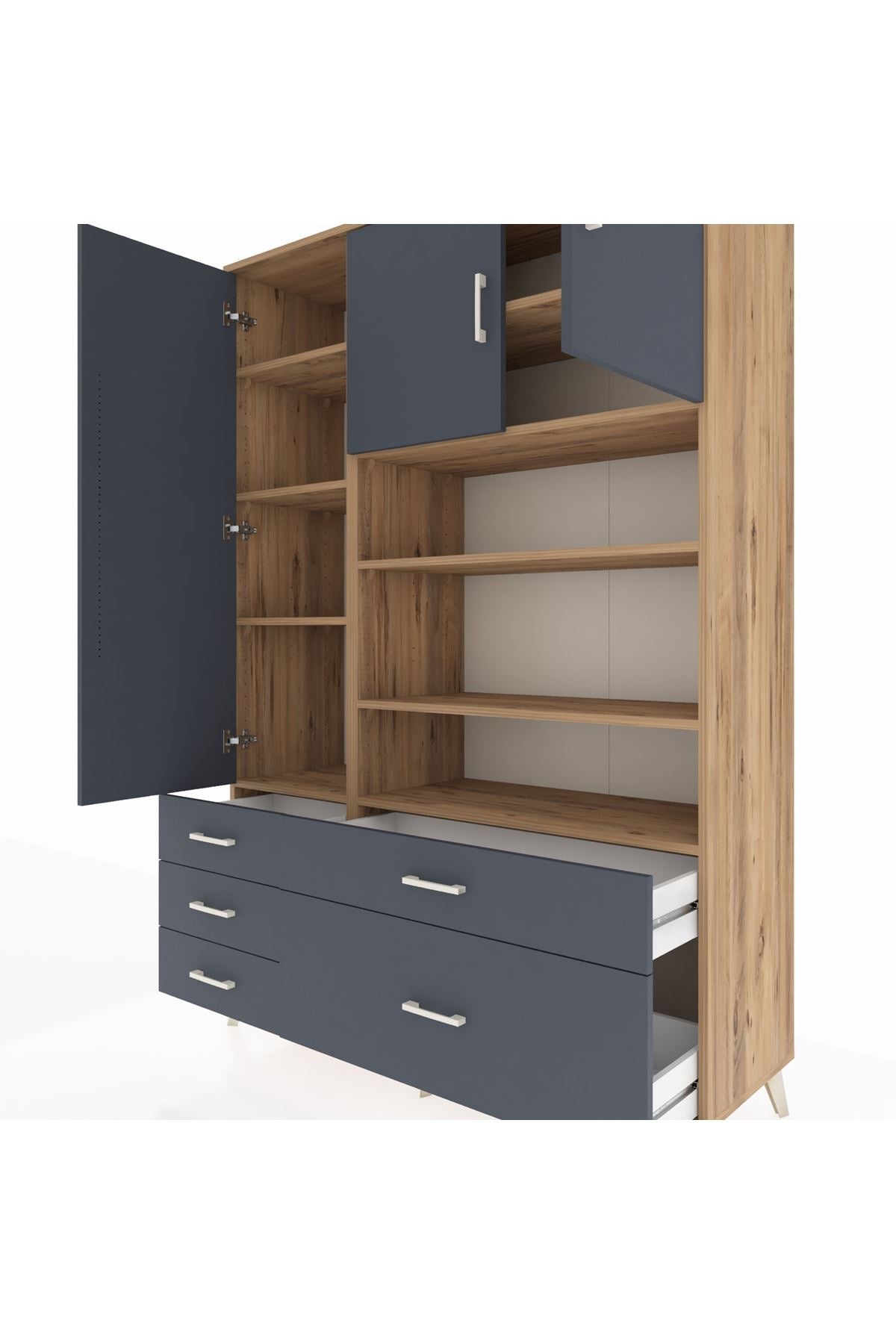 Hyperion Dolap 9 Raflı 5 Çekmeceli 3 Kapaklı 132x44x195 Çam-Antrasit/Antrasit