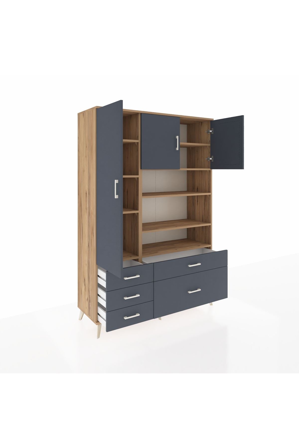 Hyperion Dolap 9 Raflı 5 Çekmeceli 3 Kapaklı 132x44x195 Çam-Antrasit/Antrasit