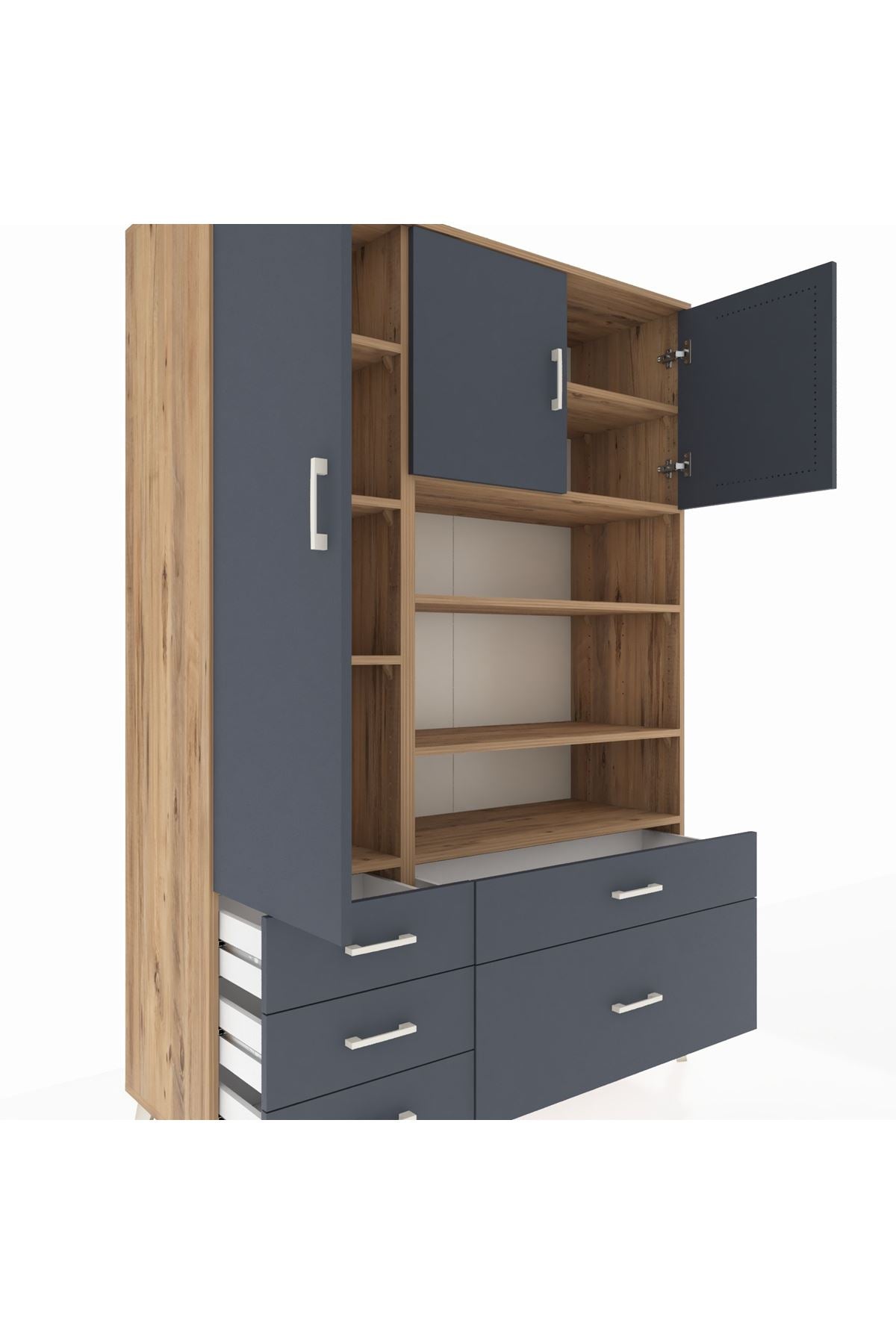 Hyperion Dolap 9 Raflı 5 Çekmeceli 3 Kapaklı 132x44x195 Çam-Antrasit/Antrasit