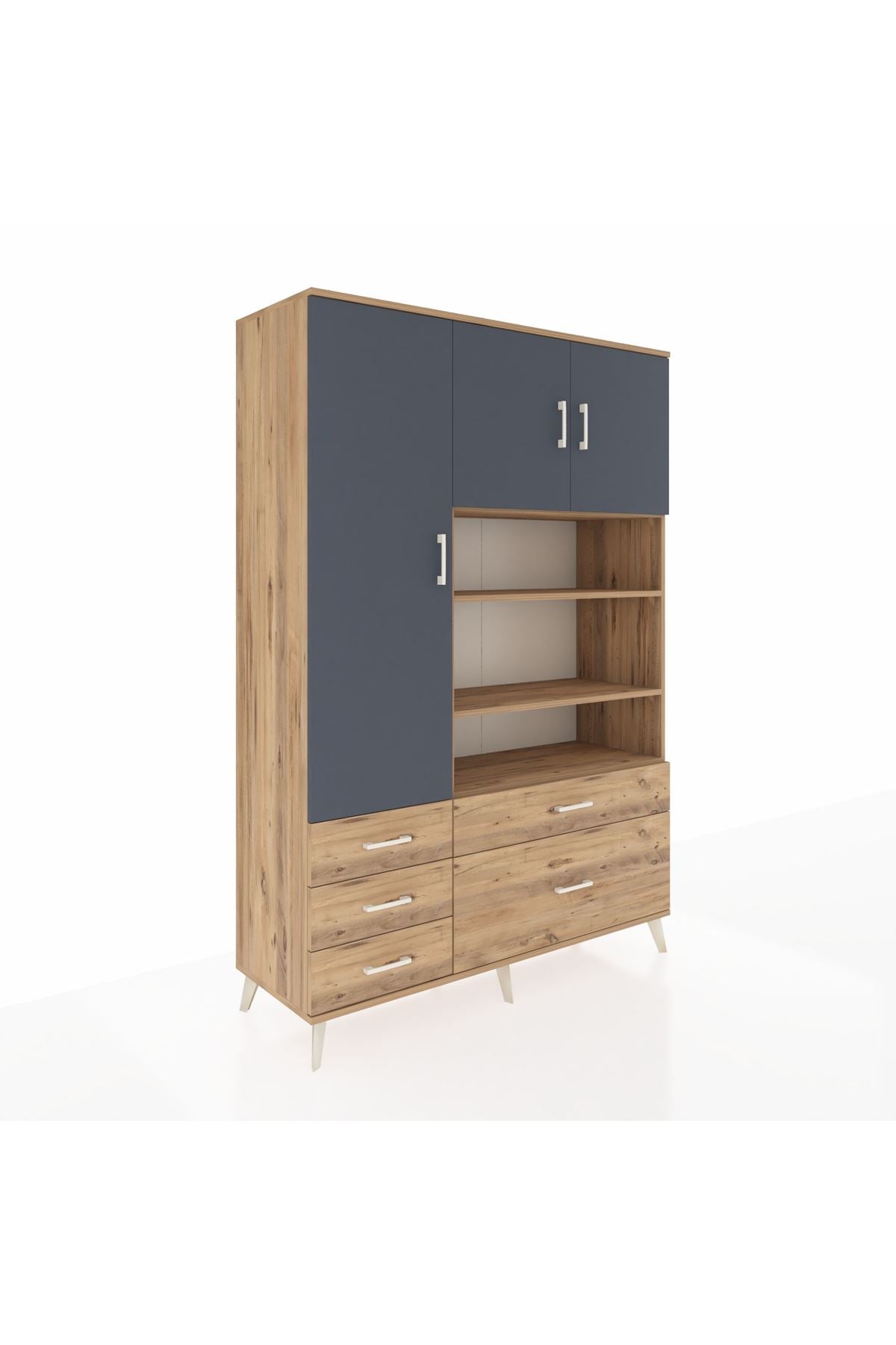 Hyperion Dolap 9 Raflı 5 Çekmeceli 3 Kapaklı 132x44x195 Çam-Antrasit/Çam