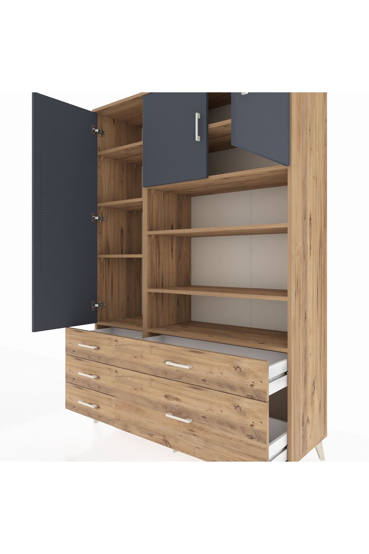 Hyperion Dolap 9 Raflı 5 Çekmeceli 3 Kapaklı 132x44x195 Çam-Antrasit/Çam