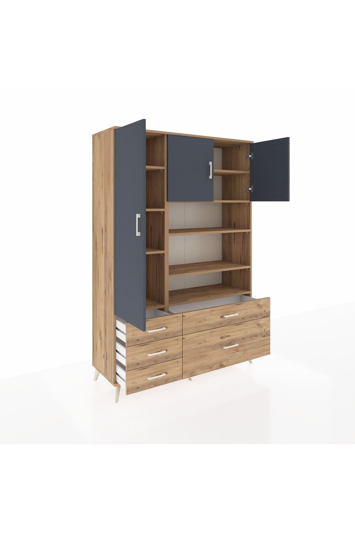 Hyperion Dolap 9 Raflı 5 Çekmeceli 3 Kapaklı 132x44x195 Çam-Antrasit/Çam