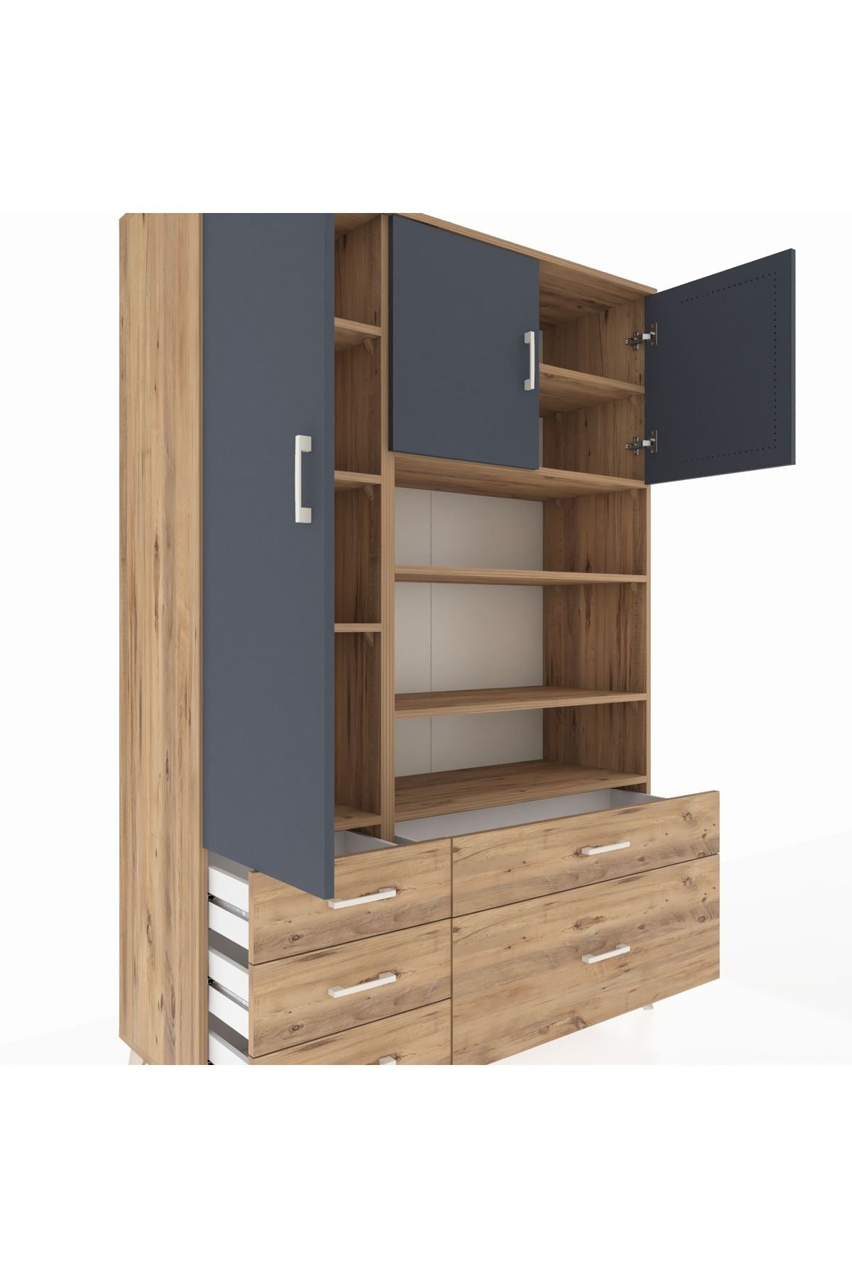 Hyperion Dolap 9 Raflı 5 Çekmeceli 3 Kapaklı 132x44x195 Çam-Antrasit/Çam