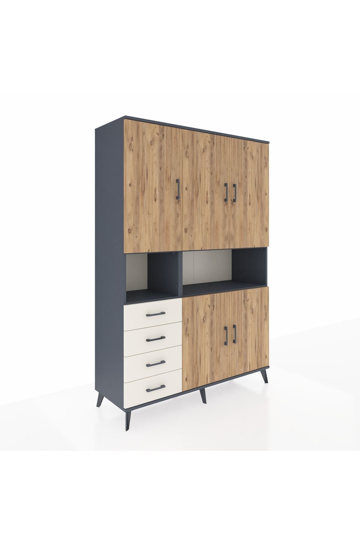 Hyperion Dolap 7 Raflı 4 Çekmeceli 5 Kapaklı 132x44x195 Antrasit-Çam/Aytaşı