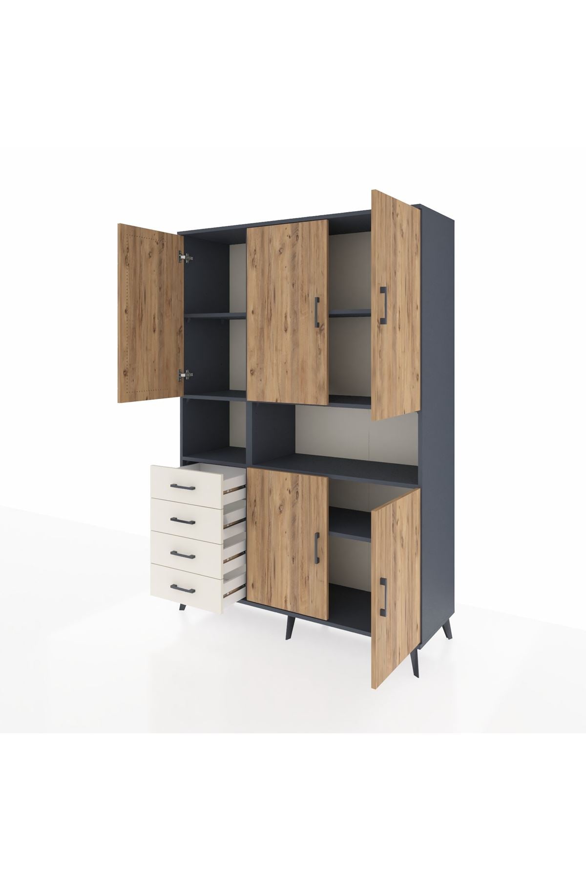 Hyperion Dolap 7 Raflı 4 Çekmeceli 5 Kapaklı 132x44x195 Antrasit-Çam/Aytaşı