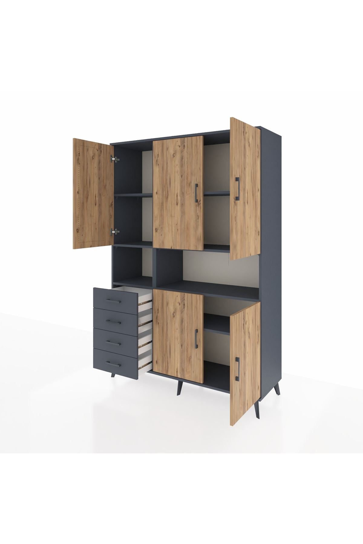 Hyperion Dolap 7 Raflı 4 Çekmeceli 5 Kapaklı 132x44x195 Antrasit-Çam/Antrasit