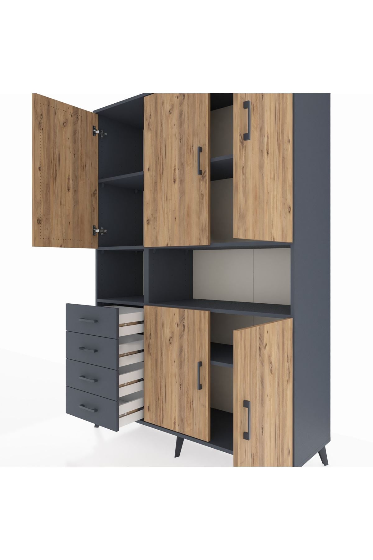 Hyperion Dolap 7 Raflı 4 Çekmeceli 5 Kapaklı 132x44x195 Antrasit-Çam/Antrasit