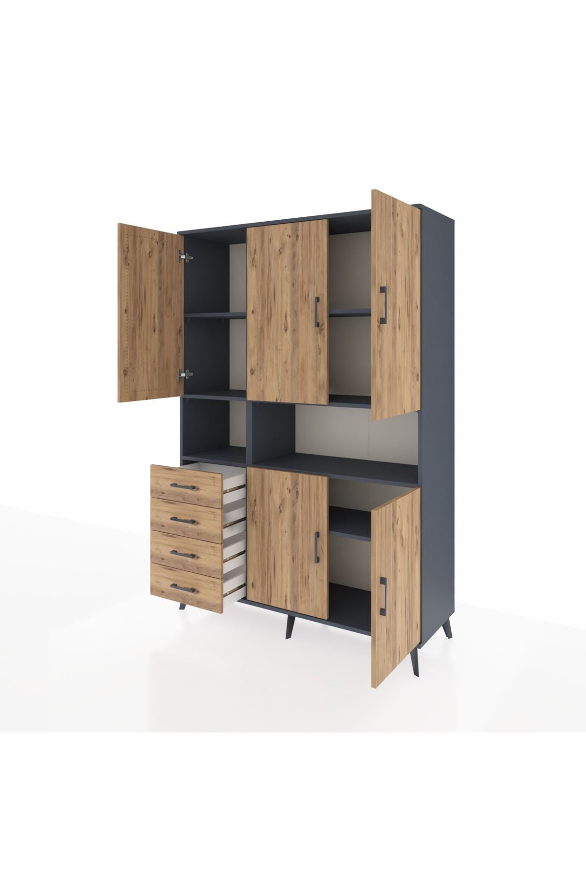 Hyperion Dolap 7 Raflı 4 Çekmeceli 5 Kapaklı 132x44x195 Antrasit-Çam/Çam