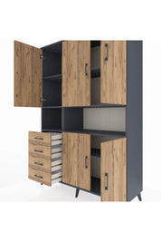 Hyperion Dolap 7 Raflı 4 Çekmeceli 5 Kapaklı 132x44x195 Antrasit-Çam/Çam