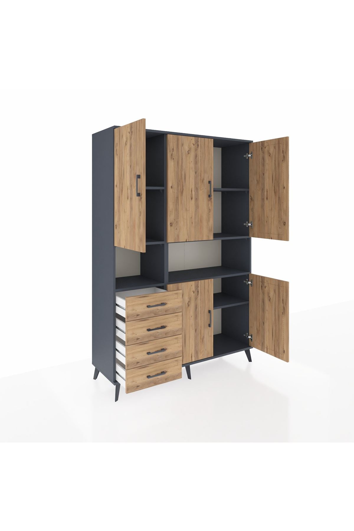 Hyperion Dolap 7 Raflı 4 Çekmeceli 5 Kapaklı 132x44x195 Antrasit-Çam/Çam