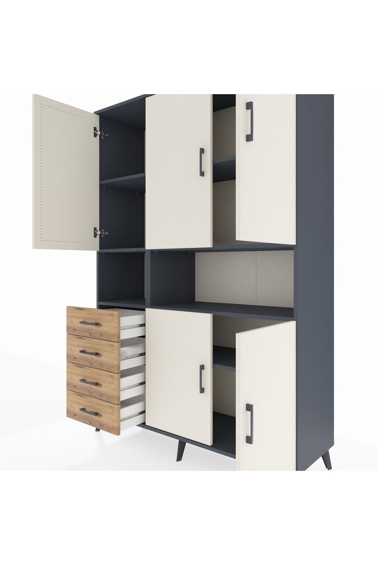 Hyperion Dolap 7 Raflı 4 Çekmeceli 5 Kapaklı 132x44x195 Antrasit-Aytaşı/Çam