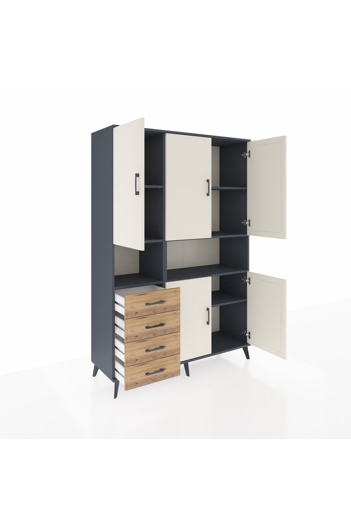 Hyperion Dolap 7 Raflı 4 Çekmeceli 5 Kapaklı 132x44x195 Antrasit-Aytaşı/Çam