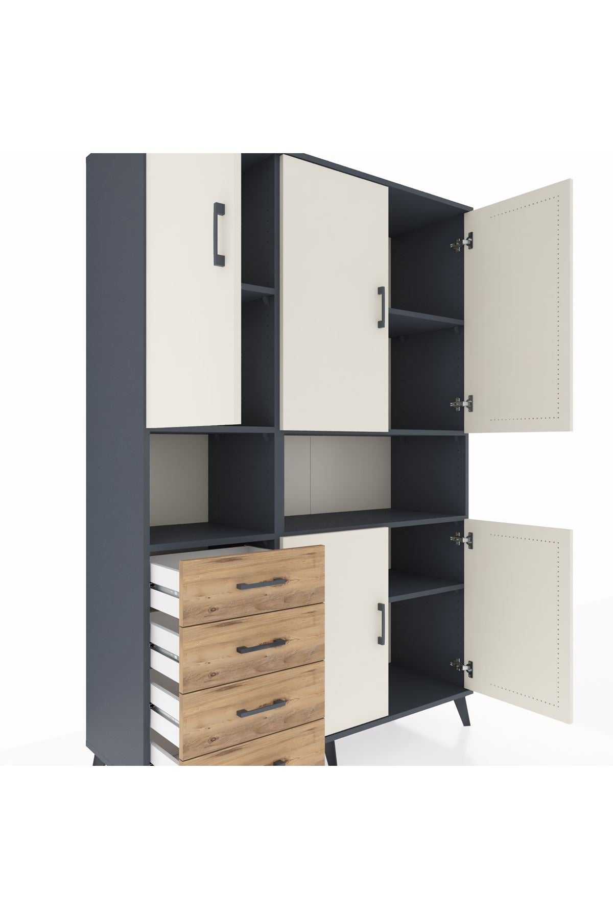 Hyperion Dolap 7 Raflı 4 Çekmeceli 5 Kapaklı 132x44x195 Antrasit-Aytaşı/Çam
