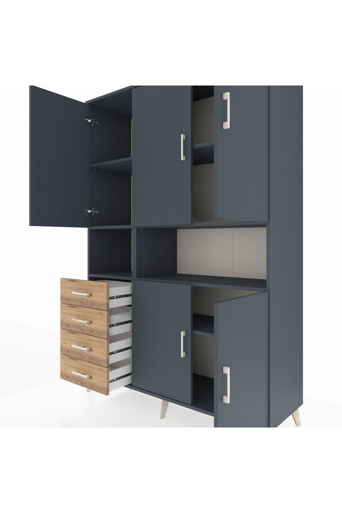 Hyperion Dolap 7 Raflı 4 Çekmeceli 5 Kapaklı 132x44x195 Antrasit-Antrasit/Çam