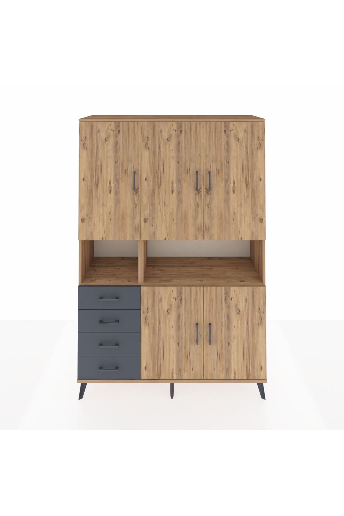 Hyperion Dolap 7 Raflı 4 Çekmeceli 5 Kapaklı 132x44x195 Çam-Çam/Antrasit