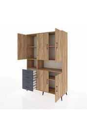 Hyperion Dolap 7 Raflı 4 Çekmeceli 5 Kapaklı 132x44x195 Çam-Çam/Antrasit