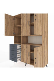 Hyperion Dolap 7 Raflı 4 Çekmeceli 5 Kapaklı 132x44x195 Çam-Çam/Antrasit