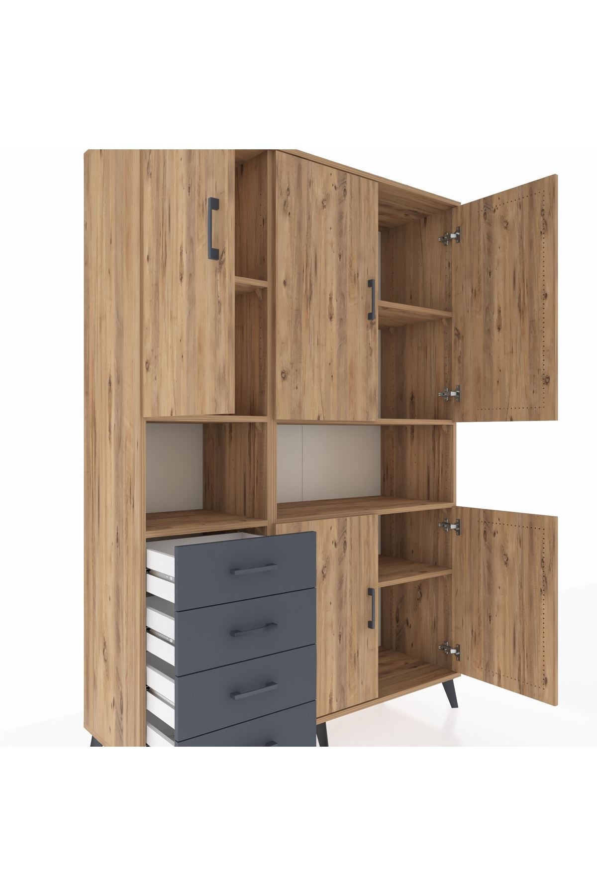 Hyperion Dolap 7 Raflı 4 Çekmeceli 5 Kapaklı 132x44x195 Çam-Çam/Antrasit