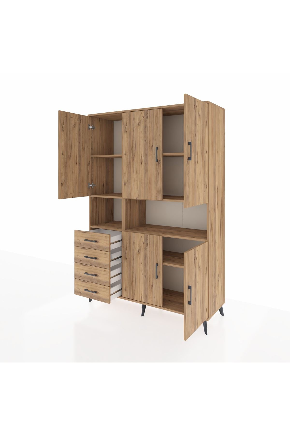 Hyperion Dolap 7 Raflı 4 Çekmeceli 5 Kapaklı 132x44x195 Çam-Çam/Çam