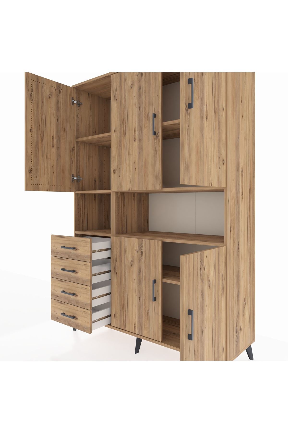 Hyperion Dolap 7 Raflı 4 Çekmeceli 5 Kapaklı 132x44x195 Çam-Çam/Çam