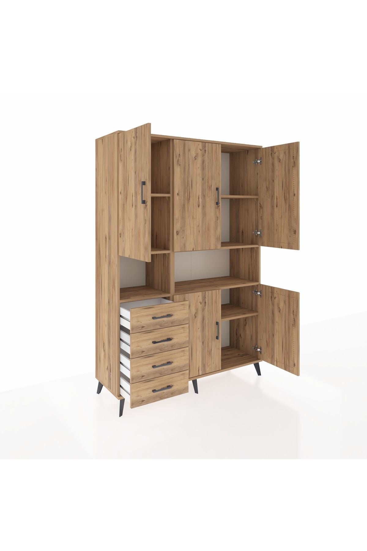 Hyperion Dolap 7 Raflı 4 Çekmeceli 5 Kapaklı 132x44x195 Çam-Çam/Çam