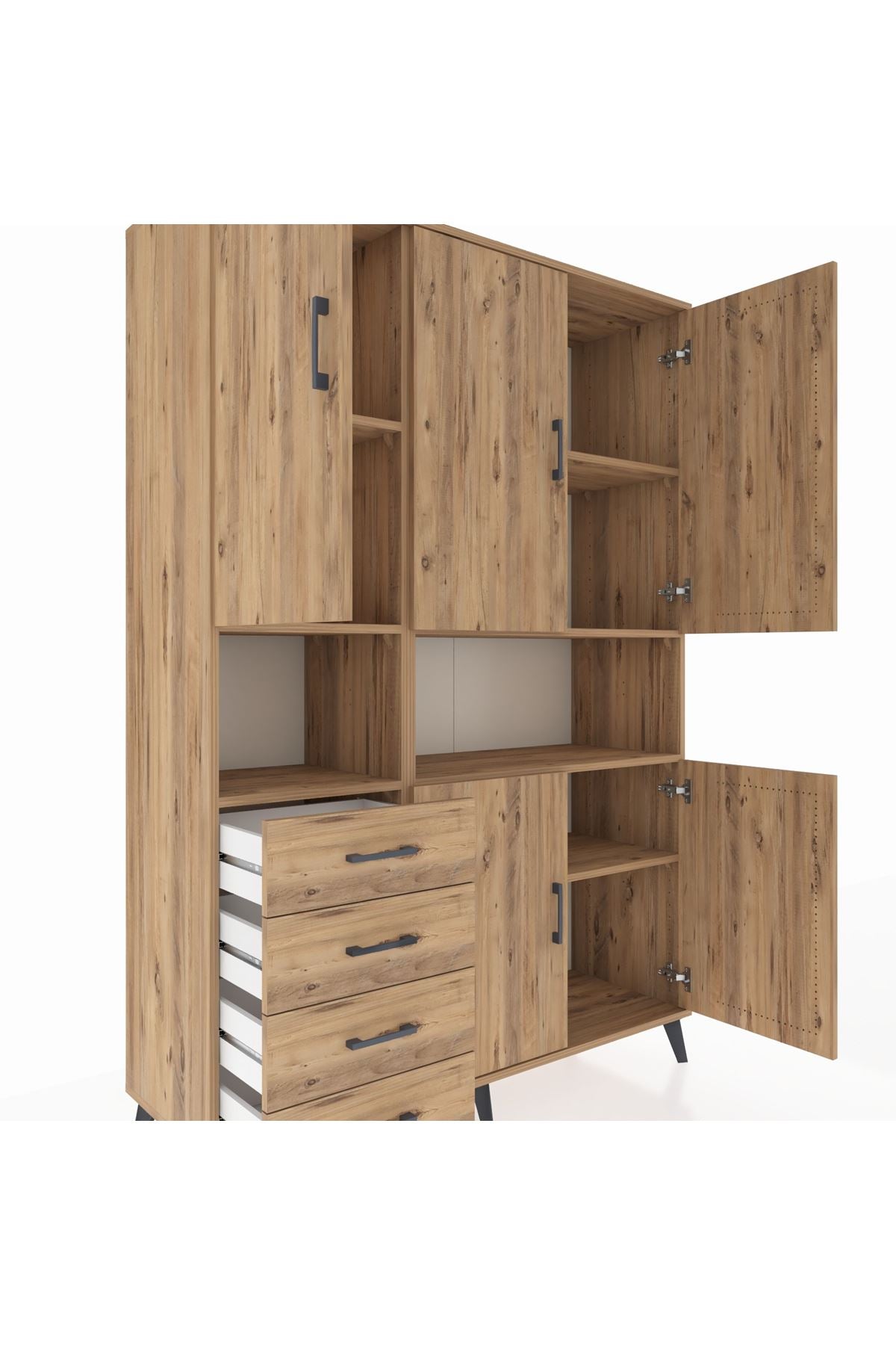 Hyperion Dolap 7 Raflı 4 Çekmeceli 5 Kapaklı 132x44x195 Çam-Çam/Çam