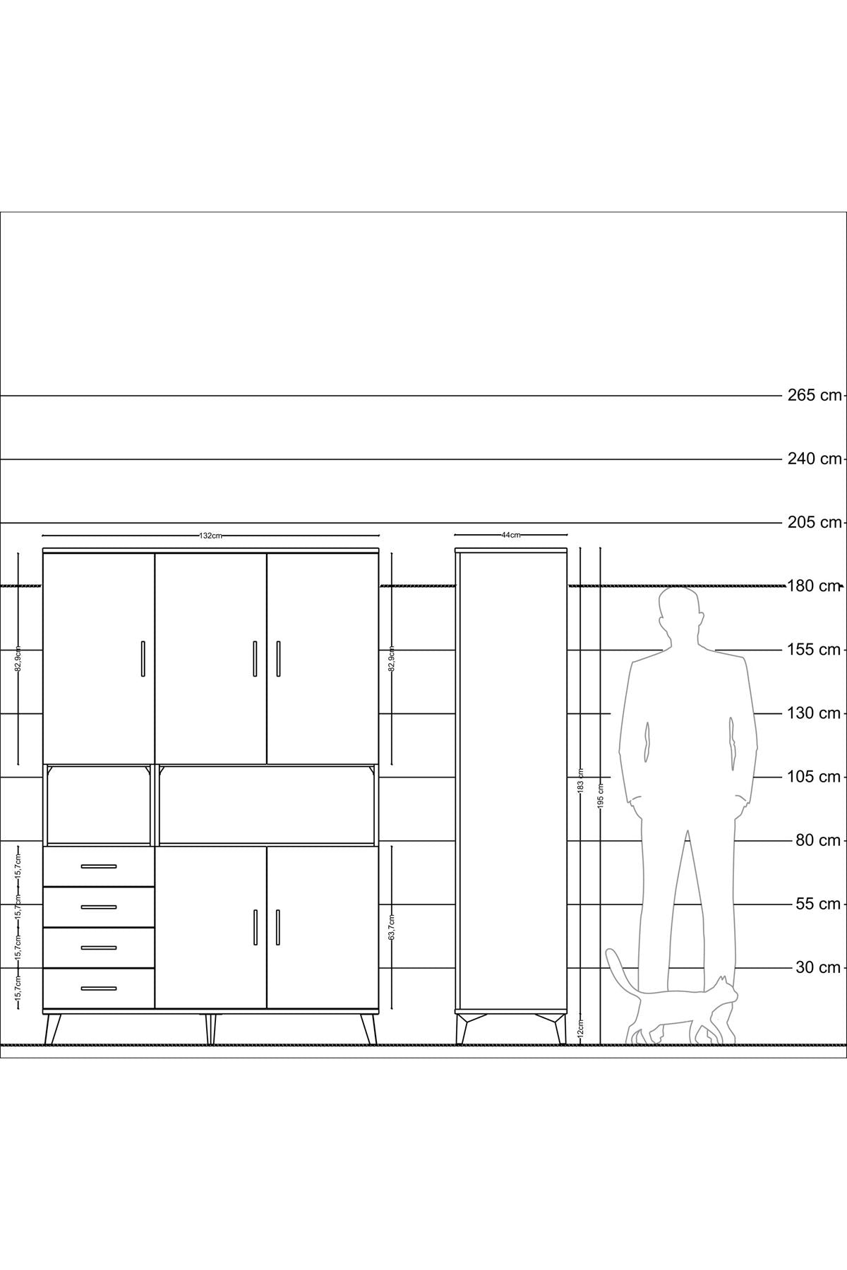 Hyperion Dolap 7 Raflı 4 Çekmeceli 5 Kapaklı 132x44x195 Çam-Çam/Çam