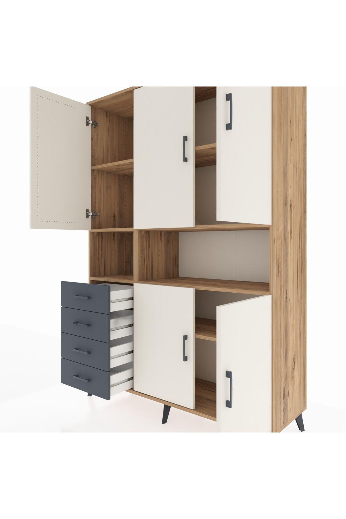 Hyperion Dolap 7 Raflı 4 Çekmeceli 5 Kapaklı 132x44x195 Çam-Aytaşı/Antrasit