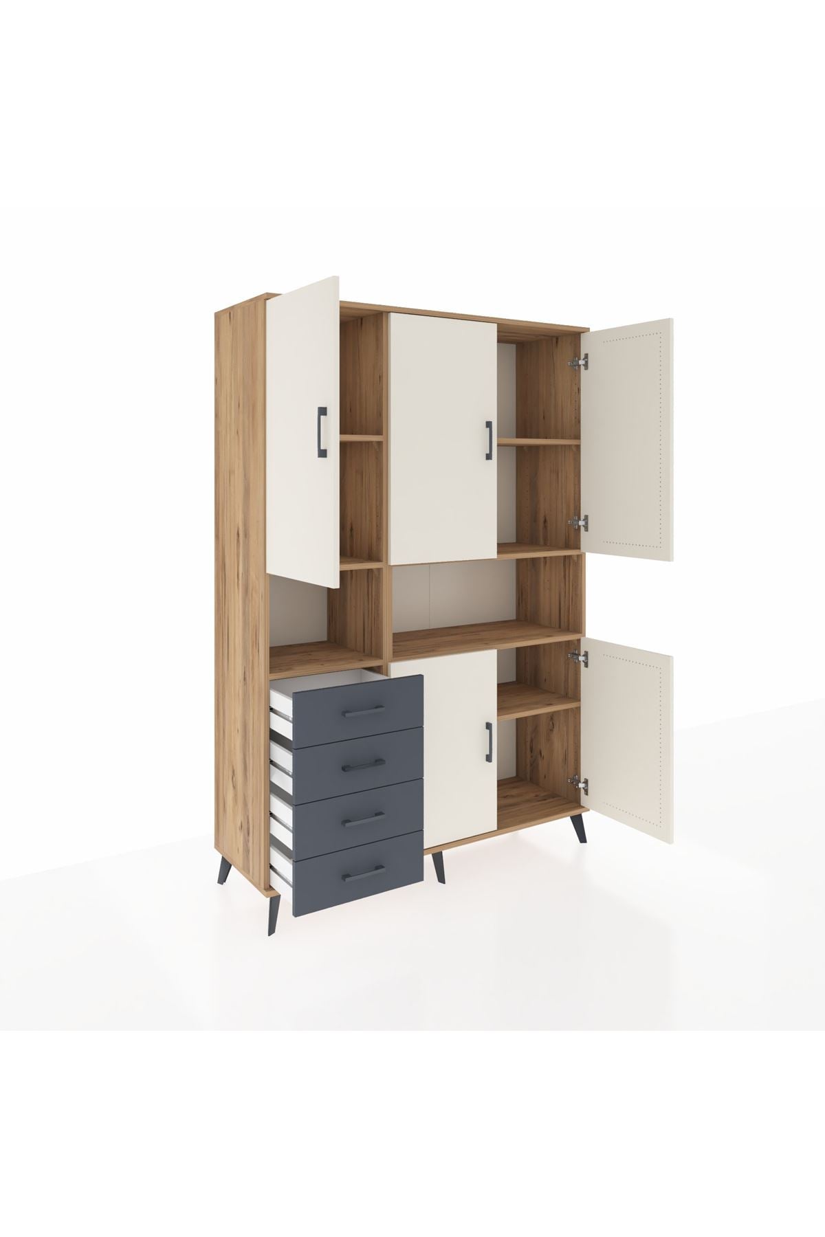 Hyperion Dolap 7 Raflı 4 Çekmeceli 5 Kapaklı 132x44x195 Çam-Aytaşı/Antrasit