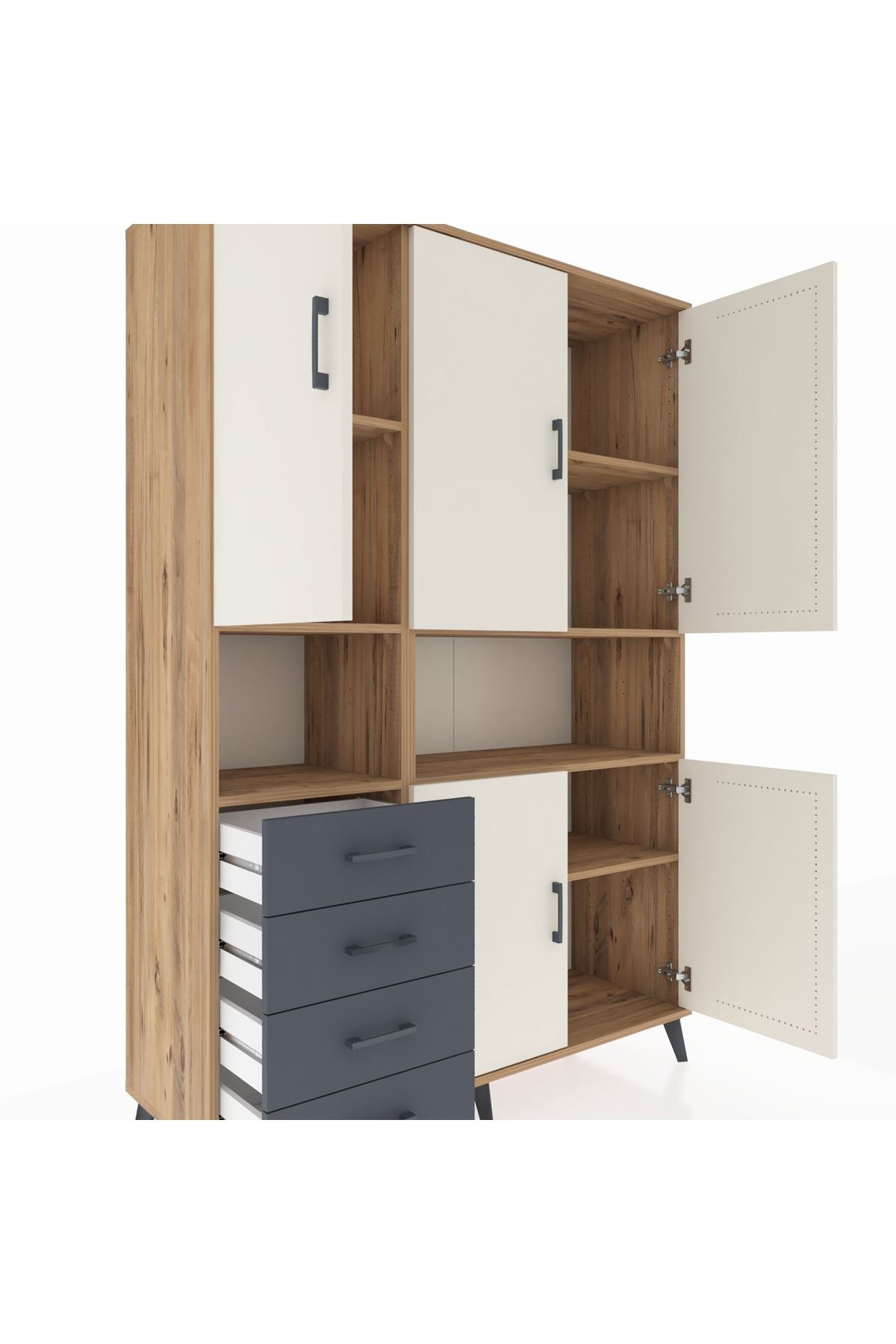 Hyperion Dolap 7 Raflı 4 Çekmeceli 5 Kapaklı 132x44x195 Çam-Aytaşı/Antrasit