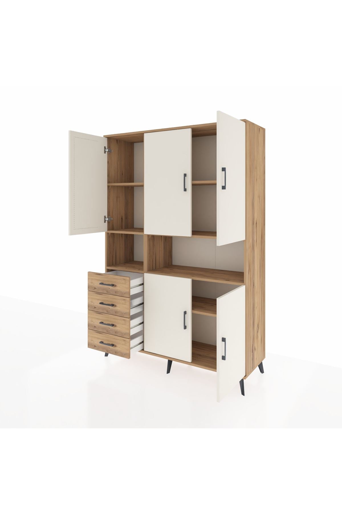 Hyperion Dolap 7 Raflı 4 Çekmeceli 5 Kapaklı 132x44x195 Çam-Aytaşı/Çam