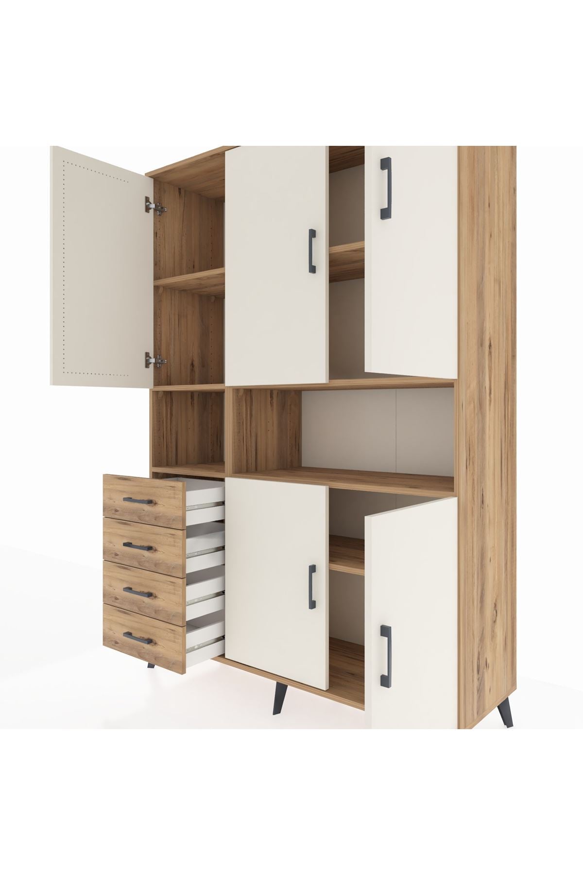 Hyperion Dolap 7 Raflı 4 Çekmeceli 5 Kapaklı 132x44x195 Çam-Aytaşı/Çam