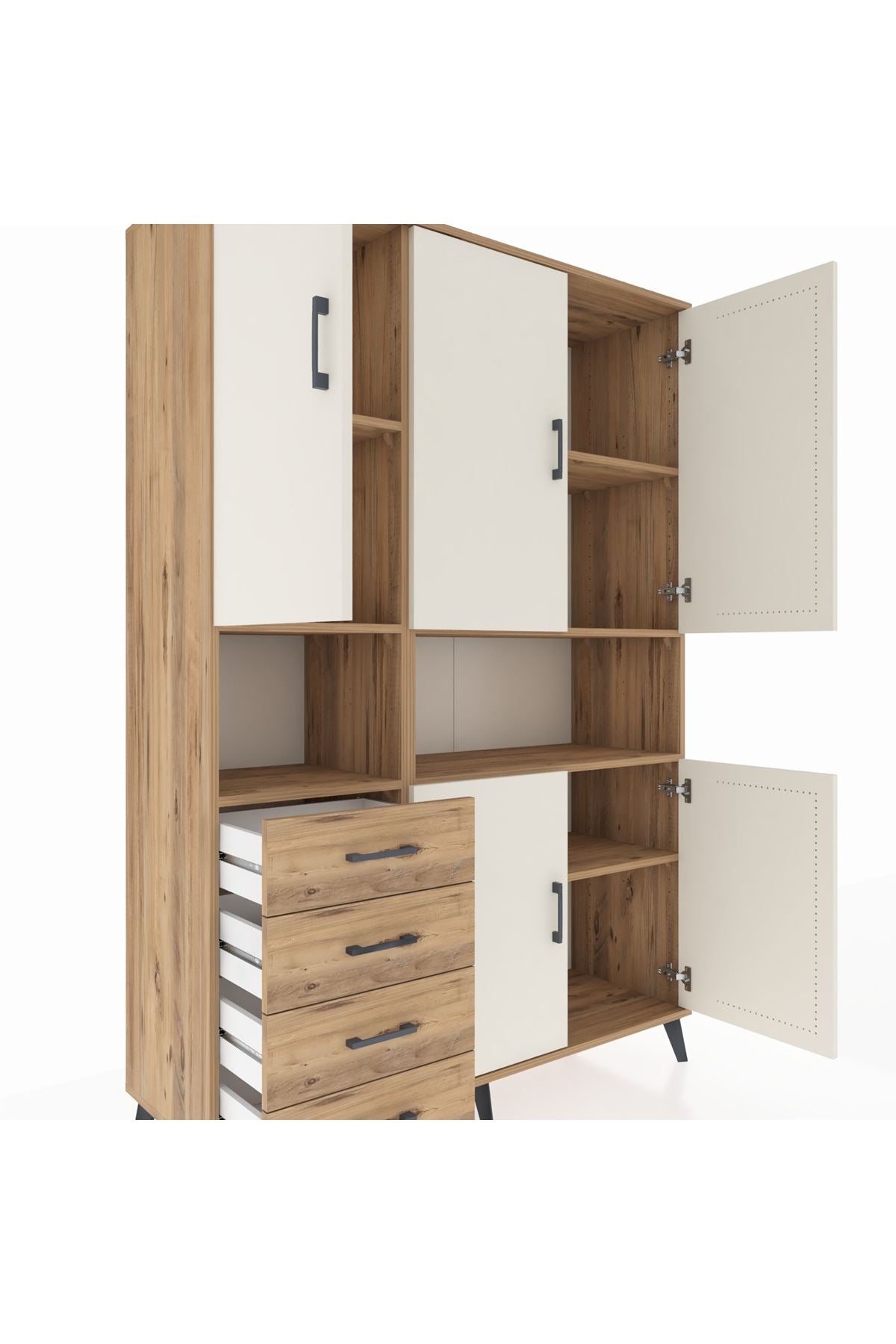 Hyperion Dolap 7 Raflı 4 Çekmeceli 5 Kapaklı 132x44x195 Çam-Aytaşı/Çam